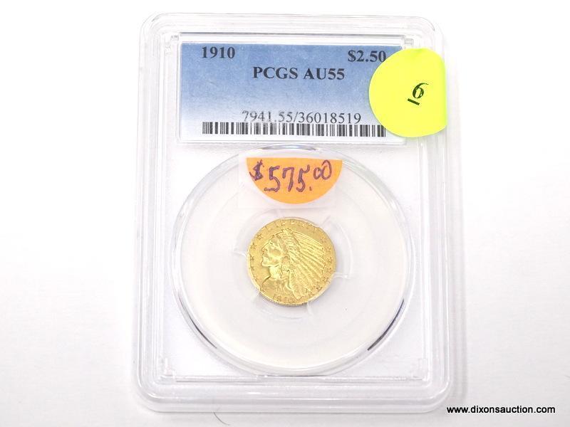 1910 $2.50 GOLD INDIAN - AU 55. GRADED BY PCGS.