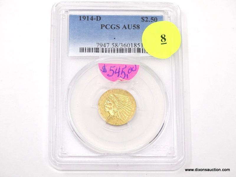 1914-D $2.50 GOLD INDIAN - AU 58. GRADED BY PCGS.