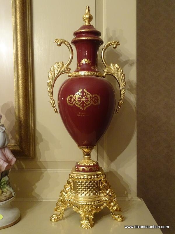 (LR) PR. OF DECORATIVE PORCELAIN PORTRAIT PAINTED AND BRASS BASE MANTEL URNS-(POSSIBLY IMPERIAL