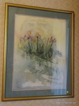 (LR) FRAMED AND DOUBLE MATTED SCULPTED FLORAL WATERCOLOR BY ENGLISH ARTIST-MAUNA KNIGHT(/)