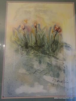 (LR) FRAMED AND DOUBLE MATTED SCULPTED FLORAL WATERCOLOR BY ENGLISH ARTIST-MAUNA KNIGHT(/)