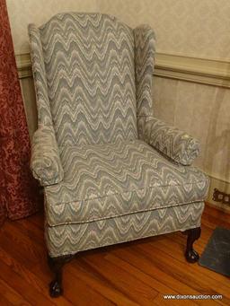 (LR) ONE OF A PR. OF MAHOGANY BALL AND CLAW WINGBACK CHAIRS BY GREENE FURNITURE, NC- THIS ONE HAS