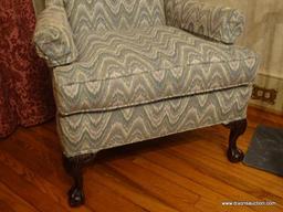 (LR) ONE OF A PR. OF MAHOGANY BALL AND CLAW WINGBACK CHAIRS BY GREENE FURNITURE, NC- THIS ONE HAS