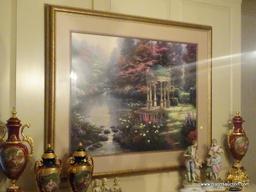 (LR) LARGE FRAMED AND MATTED THOMAS KINKADE WATER GARDEN PRINT WITH GAZEBO IN GOLD FRAME- 50 IN X 39