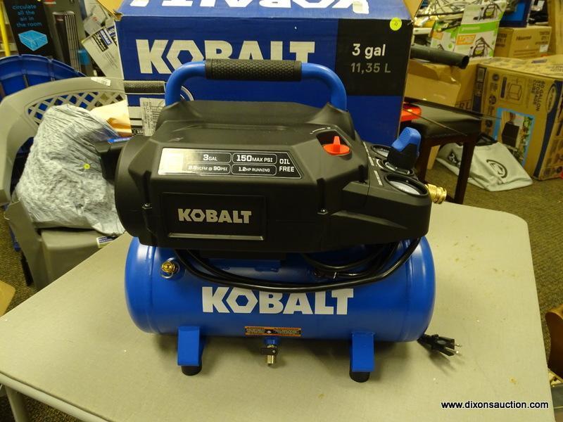 (R1) KOBALT 3 GALLON HOT DOG AIR COMPRESSOR 150 PSI WITH NOISE FILTRATION. ITEM IS SOLD AS IS WHERE