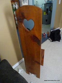 (LR) PINE WOODEN CHAIR WITH CUT OUT HEART- 11 IN X 13 IN X 48 IN, ITEM IS SOLD AS IS WHERE IS WITH