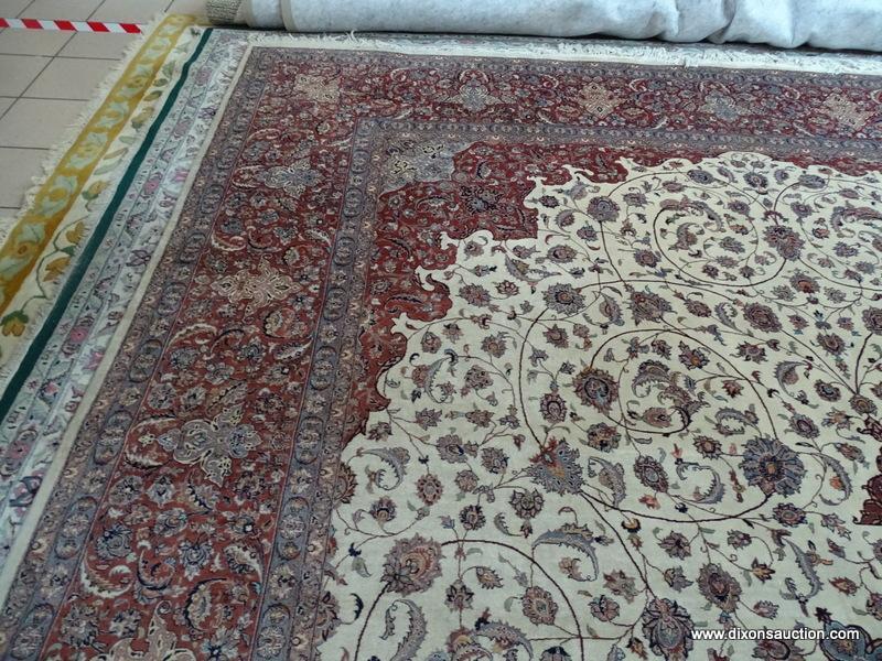 ESTATE OWNED HANDMADE FINELY WOVEN PALACE SIZE AREA RUG IN IVORY, BLUE, AND BROWN WITH LARGE FLORAL