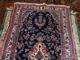 HANDMADE TURKOMAN IN PINK, IVORY, AND BLUE. MEASURES 3 FT 9 IN X 6 FT 9 IN. ITEM IS SOLD AS IS WHERE