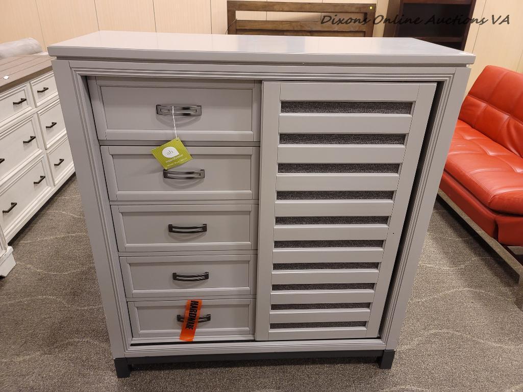 (R1) ASPENHOME HYDE PARK SLIDING DOOR CHEST IN GRAY PAINT FINISH - I32-457. UNDERSTATED ELEGANCE;