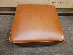 (R1) MODERN LEATHER UPHOLSTERED OTTOMAN IN BROWN WITH ESPRESSO FINISH LEGS. MEASURES 29 IN X 29 IN X