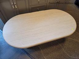 (R3) FAUX MARBLE TOP OBLONG COFFEE TABLE. MEASURES 48 IN X 26 IN X 16 IN. ITEM IS SOLD AS IS WHERE