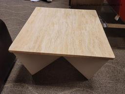 (R1) FAUX MARBLE TOP SQUARE END TABLE. MEASURES 28 IN X 28 IN X 17 IN. ITEM IS SOLD AS IS WHERE IS