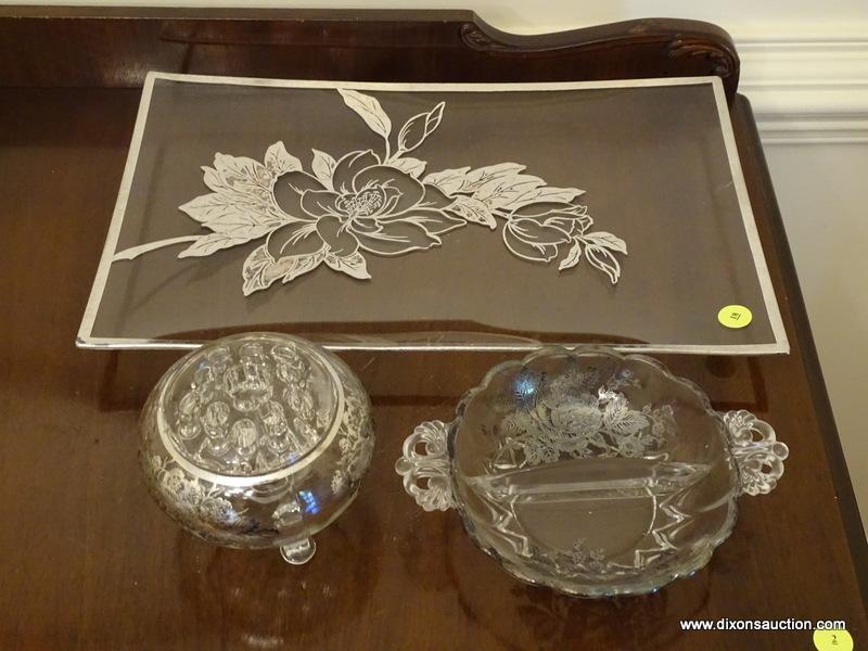 (DR) 3 PCS. OF STERLING OVERLAY DISHES- TRAY- 16 IN L, DIVIDED DISH AND VASE WITH FROG, ITEM IS SOLD