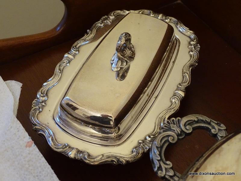 (DR) LOT OF SILVERPLATE- 4 TRAYS, 2 SERVING DISHES WITH LID, BUTTER DISH, ETC., ITEM IS SOLD AS IS