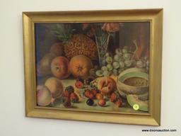 (DR) FRAMED ANTIQUE STILL LIFE PRINT IN GOLD FRAME- 19 IN X 15 IN, ITEM IS SOLD AS IS WHERE IS WITH