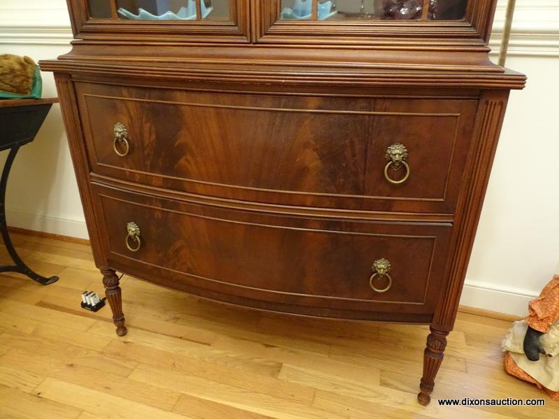 (DR) VINTAGE MAHOGANY CHINA WITH 2 DOORS OVER 2 DOVETAILED DRAWERS WITH MAPLE SECONDARY AND BRASS