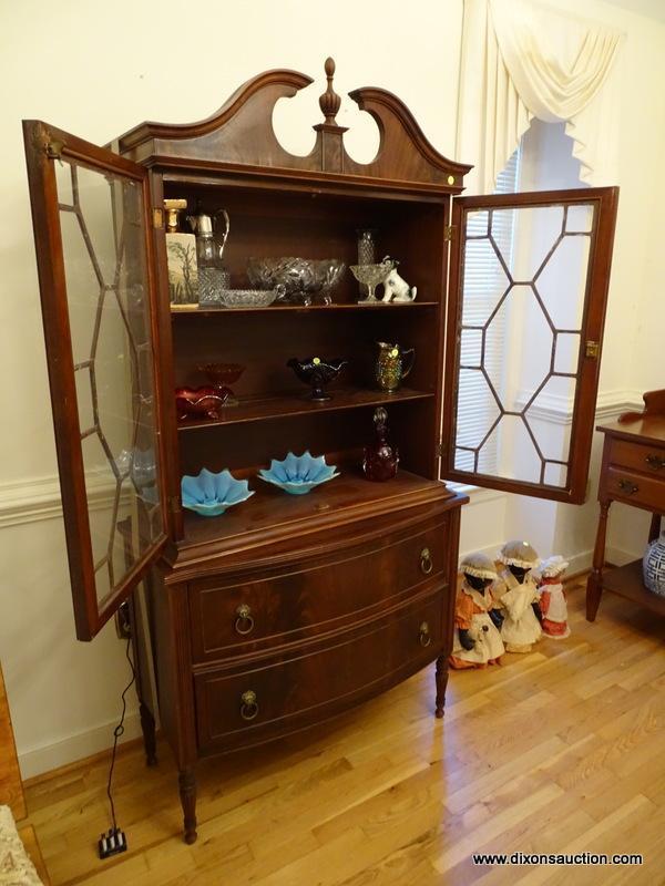 (DR) VINTAGE MAHOGANY CHINA WITH 2 DOORS OVER 2 DOVETAILED DRAWERS WITH MAPLE SECONDARY AND BRASS