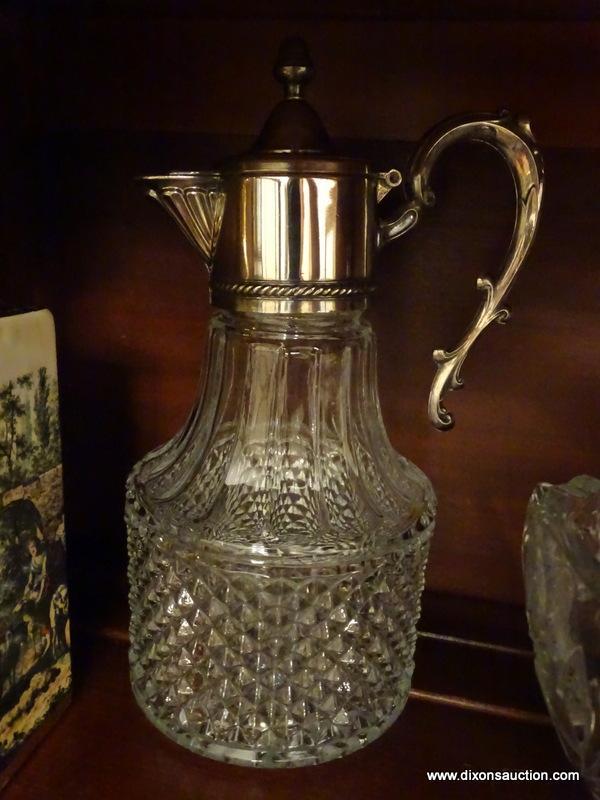 (DR) SHELF LOT OF GLASS- LARGE PRESSED GLASS FRUIT COMPOTE, WATER PITCHER WITH SILVERPLATE TOP, BUD