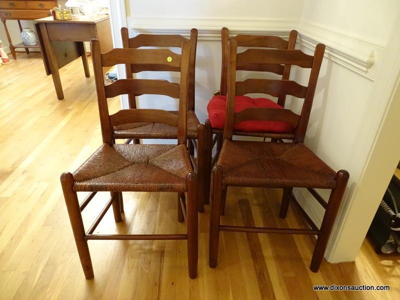 (HALL) 4 VINTAGE CHERRY MULE EARED RUSH BOTTOM CHAIRS WITH PEGGED BACKS- 19 IN X 15 IN X 36 IN, ITEM