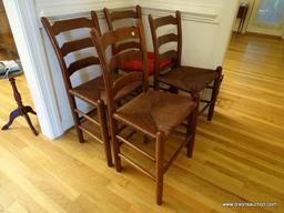 (HALL) 4 VINTAGE CHERRY MULE EARED RUSH BOTTOM CHAIRS WITH PEGGED BACKS- 19 IN X 15 IN X 36 IN, ITEM