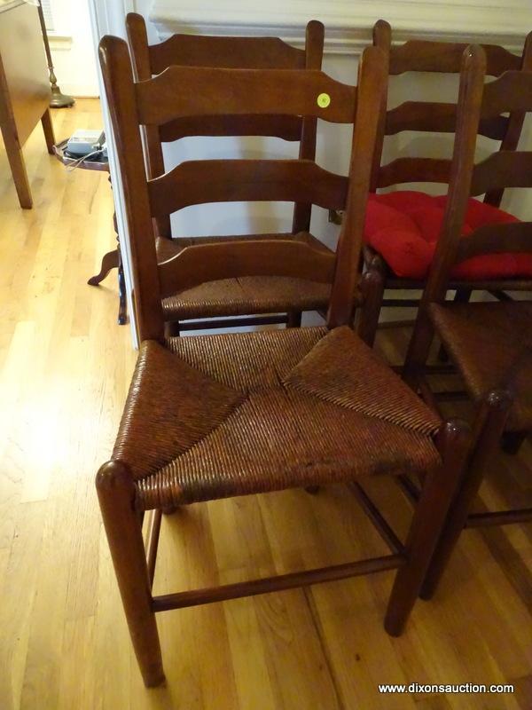 (HALL) 4 VINTAGE CHERRY MULE EARED RUSH BOTTOM CHAIRS WITH PEGGED BACKS- 19 IN X 15 IN X 36 IN, ITEM