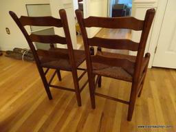 (HALL) 4 VINTAGE CHERRY MULE EARED RUSH BOTTOM CHAIRS WITH PEGGED BACKS- 19 IN X 15 IN X 36 IN, ITEM