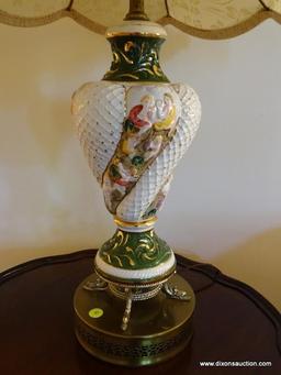 (LR) PR OF CAPODIMONTE LAMPS WITH BRASS BASS WITH DOLPHIN FEET, HAS FANCY VINTAGE SILK SHADES- 34 IN