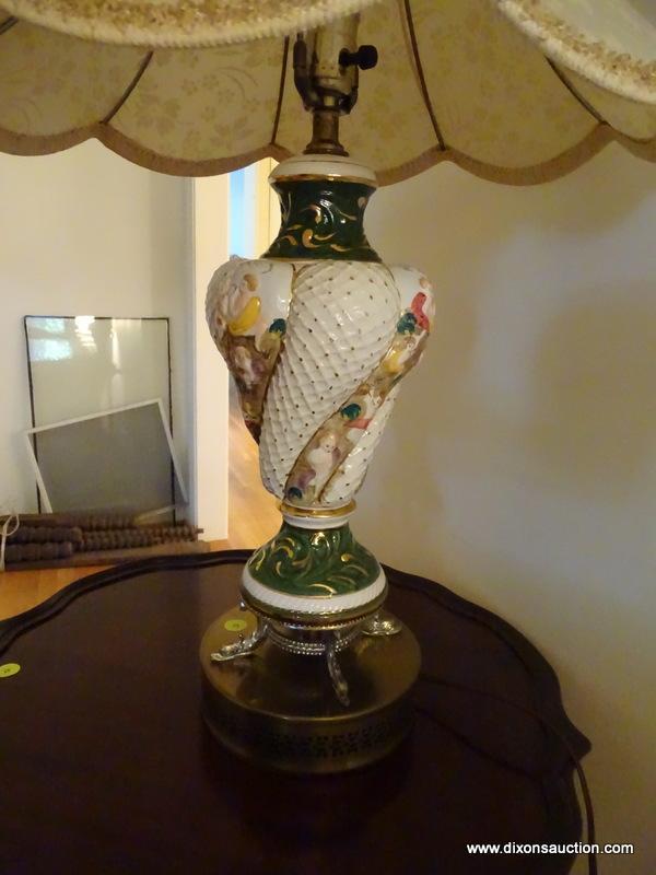(LR) PR OF CAPODIMONTE LAMPS WITH BRASS BASS WITH DOLPHIN FEET, HAS FANCY VINTAGE SILK SHADES- 34 IN