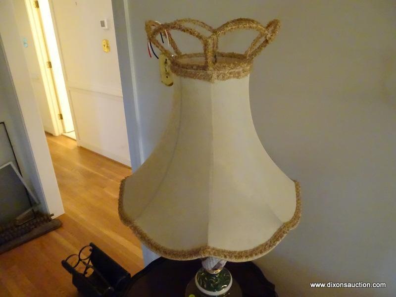 (LR) PR OF CAPODIMONTE LAMPS WITH BRASS BASS WITH DOLPHIN FEET, HAS FANCY VINTAGE SILK SHADES- 34 IN