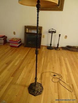 (LR) ANTIQUE BRASS FLOOR LAMP WITH SHADE- 63 IN H, ITEM IS SOLD AS IS WHERE IS WITH NO GUARANTEES OR