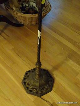 (LR) ANTIQUE BRASS FLOOR LAMP WITH SHADE- 63 IN H, ITEM IS SOLD AS IS WHERE IS WITH NO GUARANTEES OR