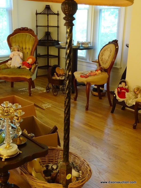 (LR) ANTIQUE BRASS FLOOR LAMP WITH SHADE- 63 IN H, ITEM IS SOLD AS IS WHERE IS WITH NO GUARANTEES OR