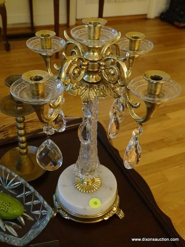 (LR) TABLE LOT; BRASS, CRYSTAL AND MARBLE CANDLE HOLDER- 12 IN H, BRASS CANDLE HOLDER- 9 IN H, CHIP