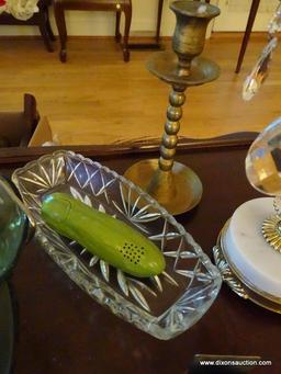 (LR) TABLE LOT; BRASS, CRYSTAL AND MARBLE CANDLE HOLDER- 12 IN H, BRASS CANDLE HOLDER- 9 IN H, CHIP