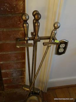 (LR) BRASS FIREPLACE TOOL SET, ITEM IS SOLD AS IS WHERE IS WITH NO GUARANTEES OR WARRANTY. NO