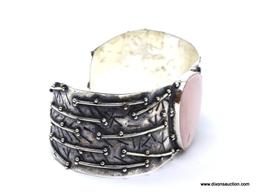 .925 RHODIUM AAA LARGE GORGEOUS DETAILED PINK OPAL GEMSTONE; MEDIUM TO LARGE WRIST CUFF BRACELET;