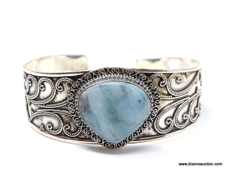 .925 RHODIUM AAA LARGE DETAILED SKY BLUE LARIMAR; MEDIUM TO LARGE WRIST CUFF BRACELET; ADJUSTABLE -