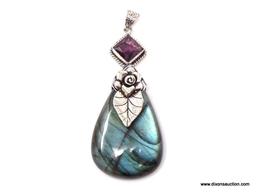 .925 3" AAA TOP BLUE FIRE LARGE LABRADORITE; WITH AMETHYST ACCENT PENDANT - NEW! SRP $90.00