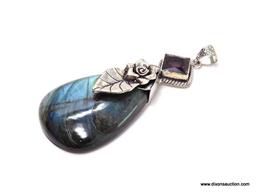 .925 3" AAA TOP BLUE FIRE LARGE LABRADORITE; WITH AMETHYST ACCENT PENDANT - NEW! SRP $90.00