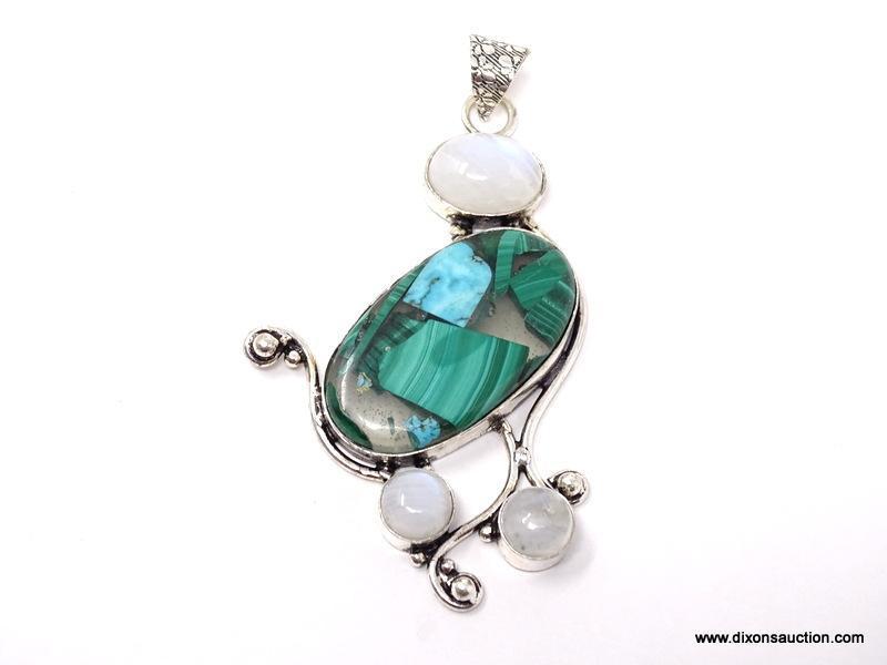 .925 3" AWESOME BLUE GREEN COPPER TURQUOISE WITH MOONSTONE ACCENT PENDANT - NEW! SRP $59.00