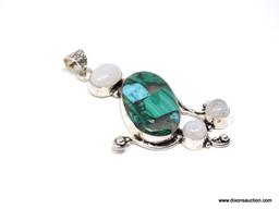 .925 3" AWESOME BLUE GREEN COPPER TURQUOISE WITH MOONSTONE ACCENT PENDANT - NEW! SRP $59.00