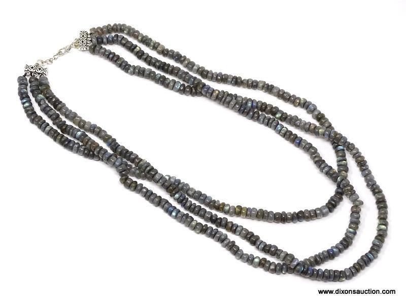 18" - 20"; AAA QUALITY 465.00 CTS; 3 STRAND BLUE FLASH LABRADORITE; BEAD NECKLACE; LOBSTER CLASP -