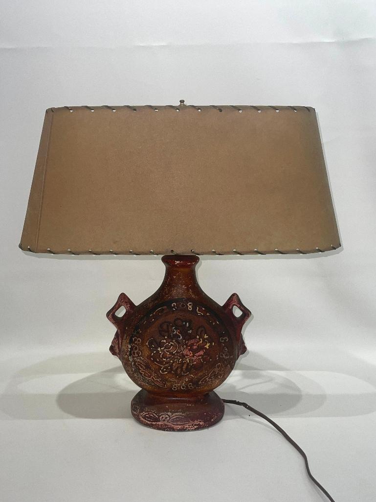 (11K) MID CENTURY BRUTALIST CERAMIC POTTERY TABLE LAMP WITH RAWHIDE LAMPSHADE (20 INCHES TALL)