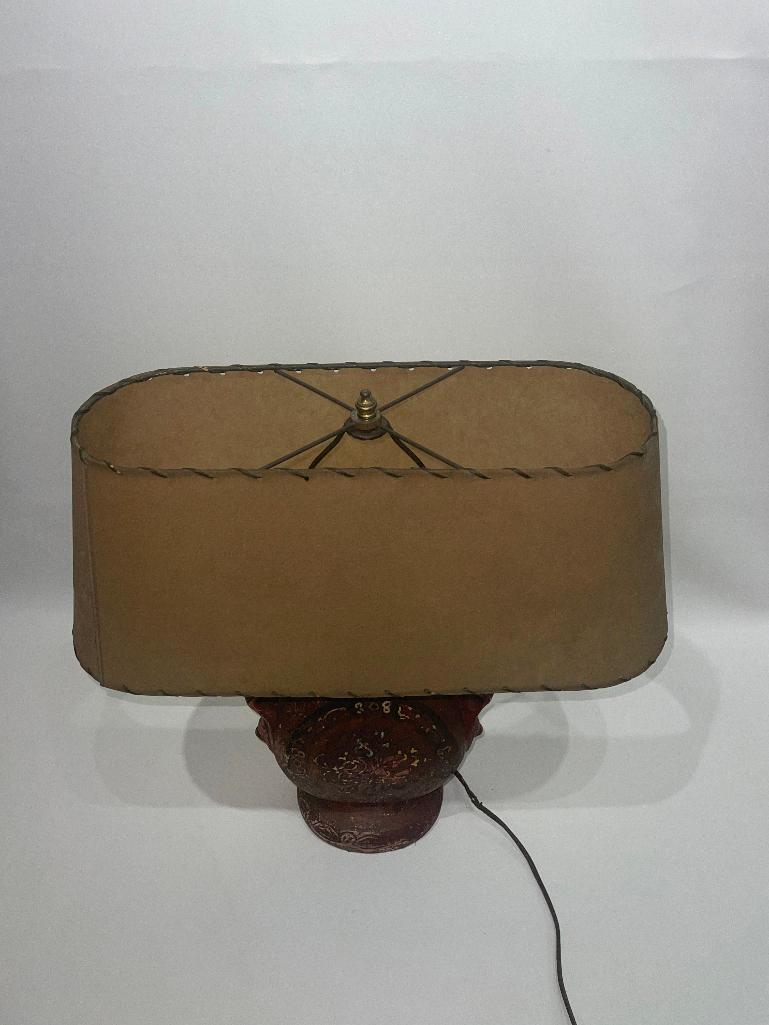 (11K) MID CENTURY BRUTALIST CERAMIC POTTERY TABLE LAMP WITH RAWHIDE LAMPSHADE (20 INCHES TALL)