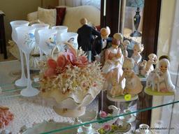 (FR) PARTIAL SHELF LOT OF ASSORTED FIGURINES TO INCLUDE: (3) TIERED BIRD DECORATED VOTIVE HOLDERS, A