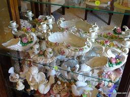 (FR) SHELF LOT OF DRESDEN DECOR ACCENTS TO INCLUDE: SALT/PEPPER SHAKERS WITH TRAY, (2) CORNUCOPIAS,