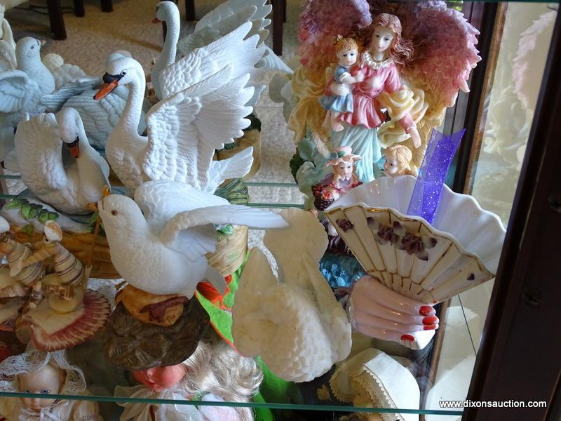 (FR) SHELF LOT OF ASSORTED FIGURINES TO INCLUDE: SHELL ART, SEVERAL BIRD FIGURINES, ANGELS, ETC.