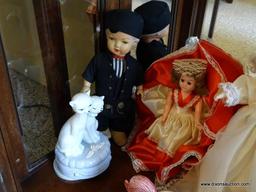 (FR) SHELF LOT TO INCLUDE: PORCELAIN ROCKING HORSE, (6) MISC. DOLLS, (1) MADE IN HOLLAND DOLL,