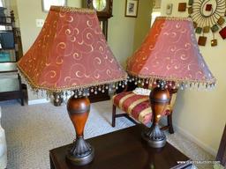 (FR) PAIR OF TWO TONED BROWN & RUST COLORED TABLE LAMPS WITH BEADED RED & GOLD TONED SHADES.