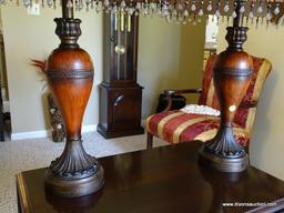 (FR) PAIR OF TWO TONED BROWN & RUST COLORED TABLE LAMPS WITH BEADED RED & GOLD TONED SHADES.